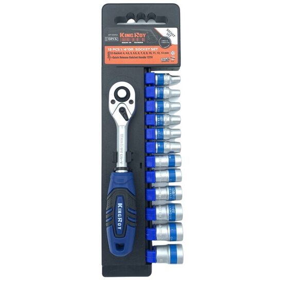 Muciņu komplekts ar tarkšķatslēgu 1/4" (4-13mm) 6-kanšu (13gab.) KingRoy KR013MSA